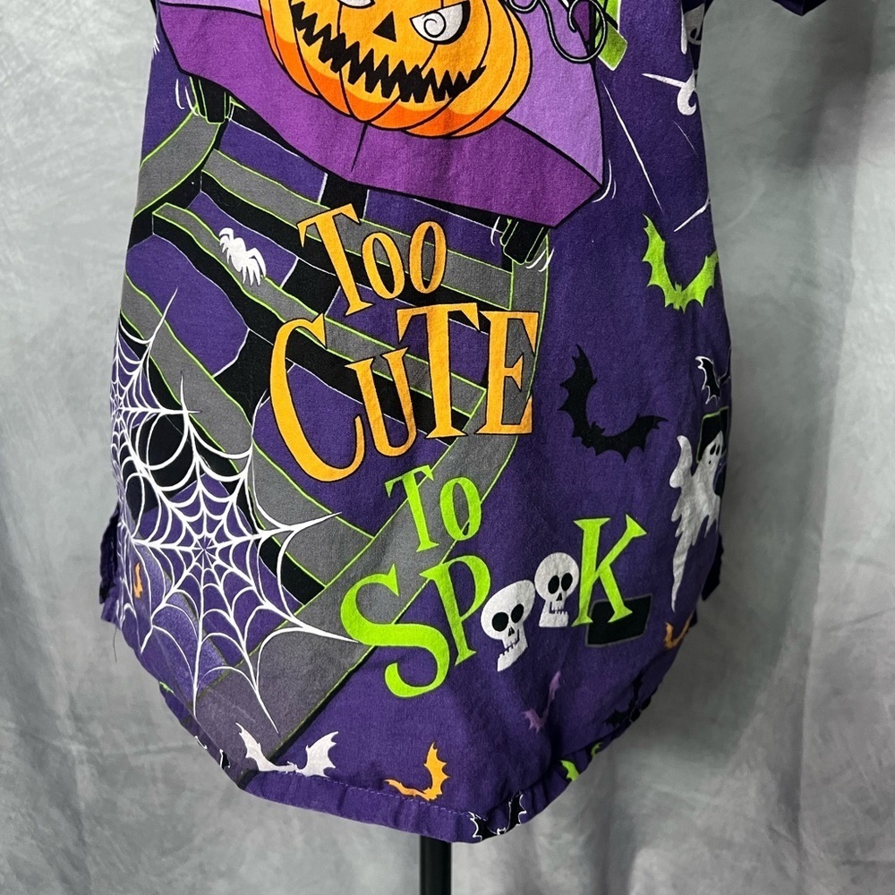 Disney Mickey & Minnie Mouse Halloween Too Cute To Spook Purple Scrubbing Top - Picture 3 of 13